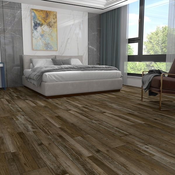 modern bedroom with brown and tan vinyl flooring