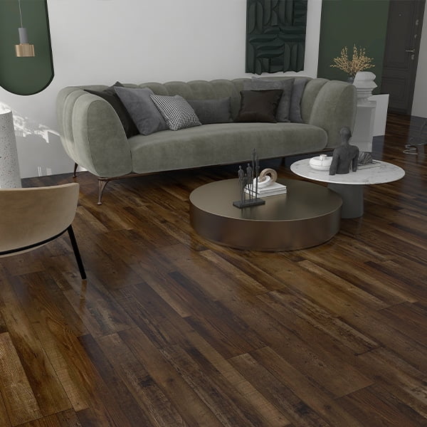 living room with dark brown vinyl flooring