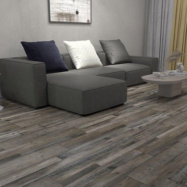 modern living room with tan and gray vinyl flooring