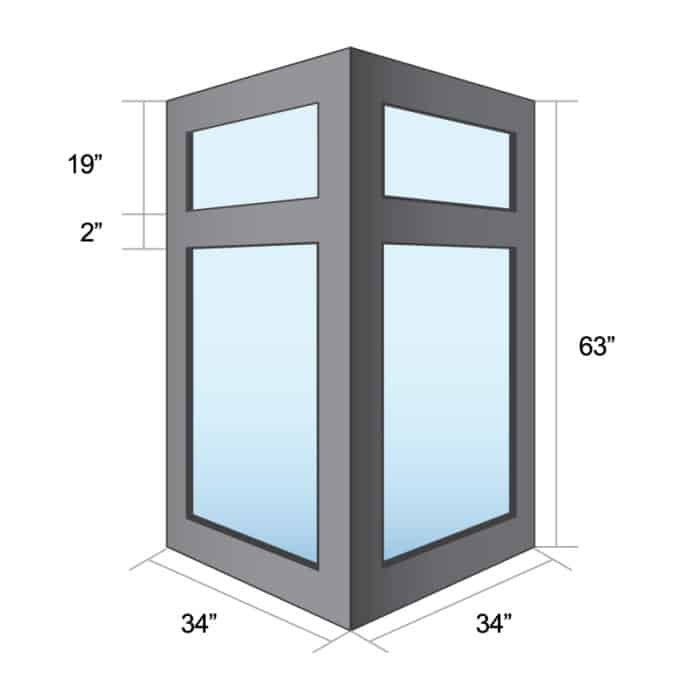 illustration of 90-degree corner window showing various measurements