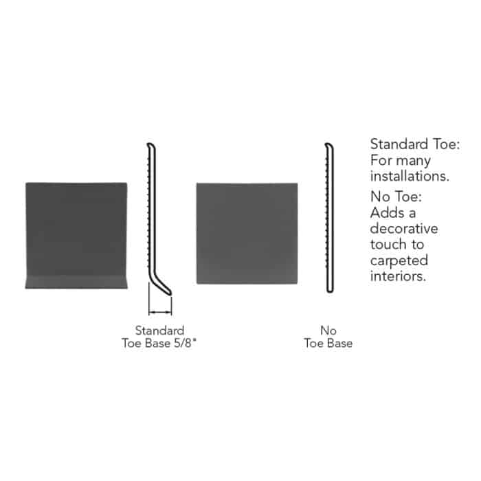 illustration showing the installation of cove base with and without toe base