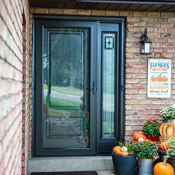 black storm door with full pane of glass