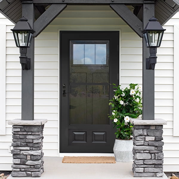 black storm door with glass window