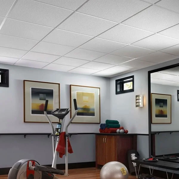 white drop ceiling and grid in basement