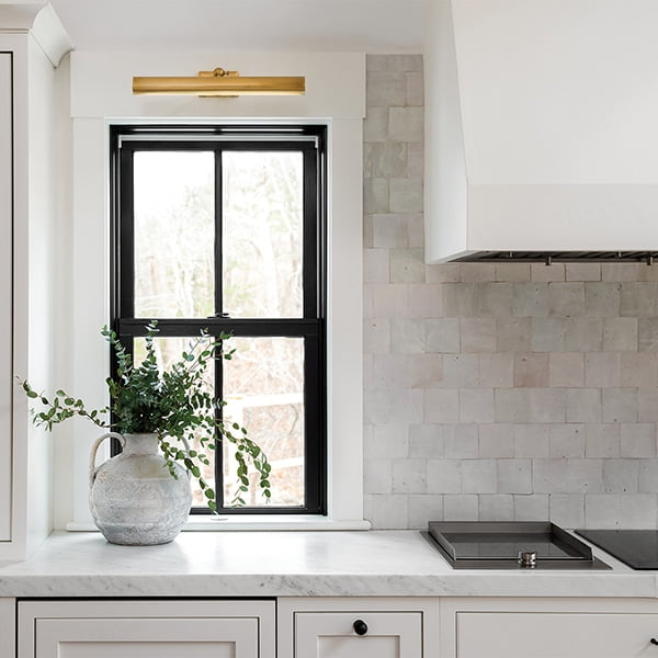 large black single hung window in modern kitchen