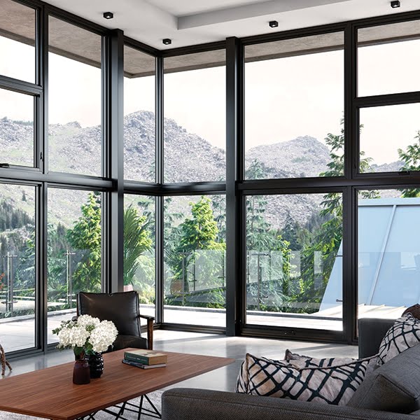 large black fiberglass floor-to-ceiling windows in modern home