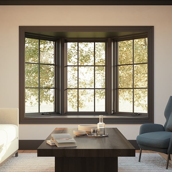 wood bay window in modern living room