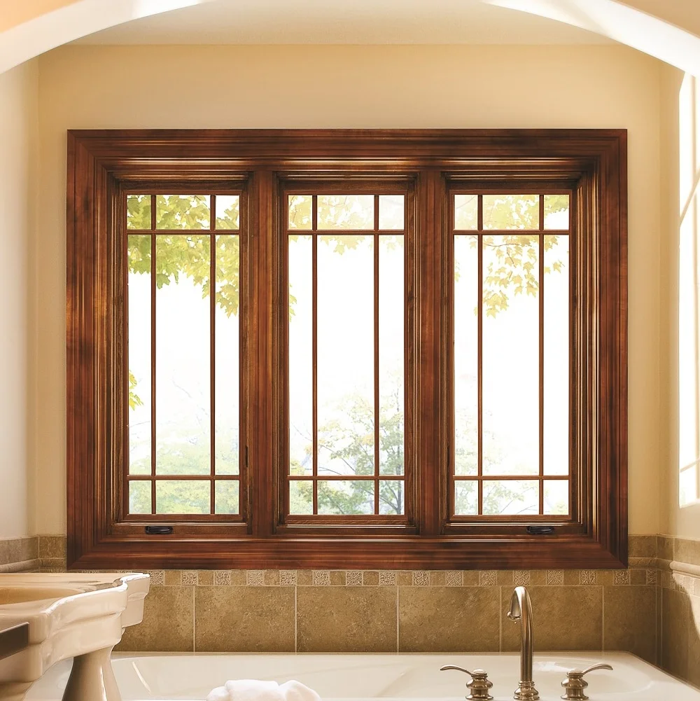 wood casement windows in tuscany themed bathroom