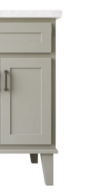 light green vanity cabinet with white quartz top