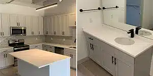 newsletter-thumbnail-2023-09 two photos side by side of cabinets in an apartment kitchen and bathroom