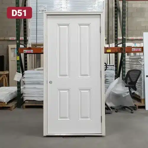 white fiberglass entry door with four panel slab design