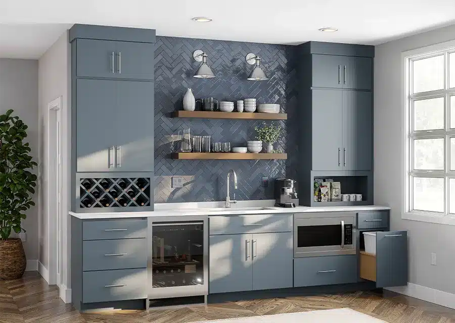 kountry-wood-cabinetry-breeze-paint residential wet bar with cabinets painted breeze blue