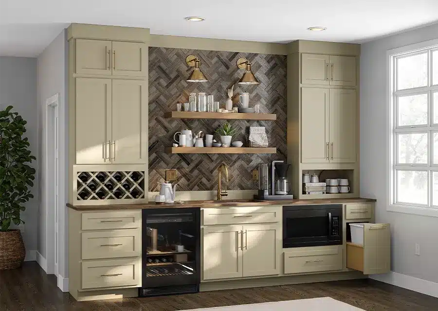 kountry-wood-cabinetry-champaign-paint residential wet bar with cabinets painted champagne cream
