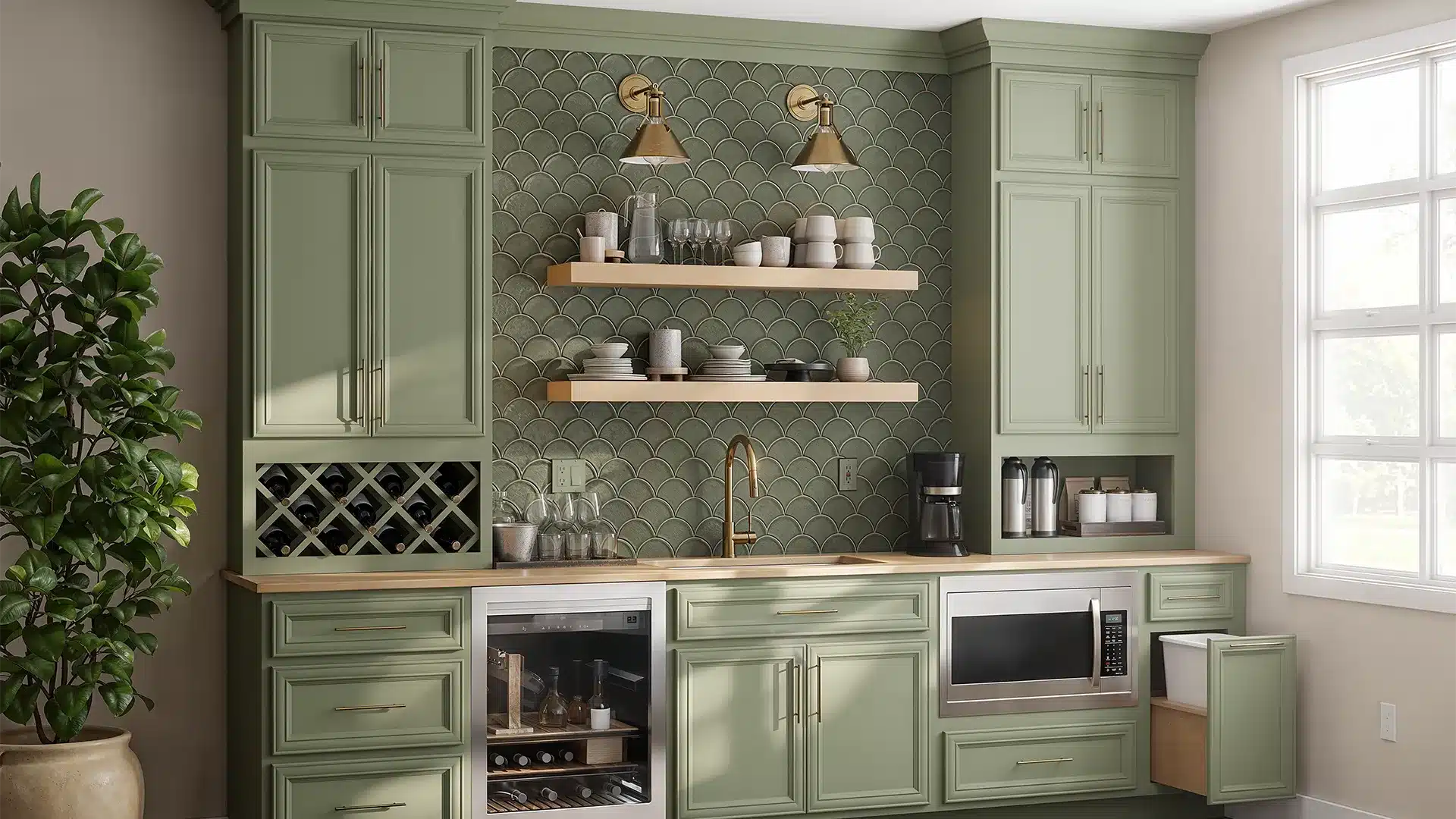 sage green cabinetry on a large wet bar