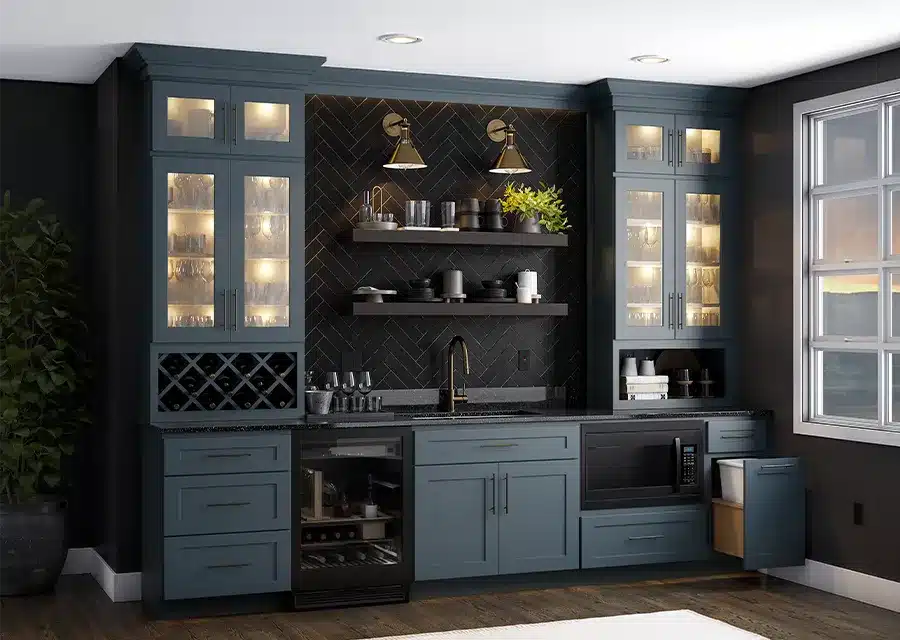 kountry-wood-cabinetry-night-shade residential wet bar with cabinets painted night shade blue