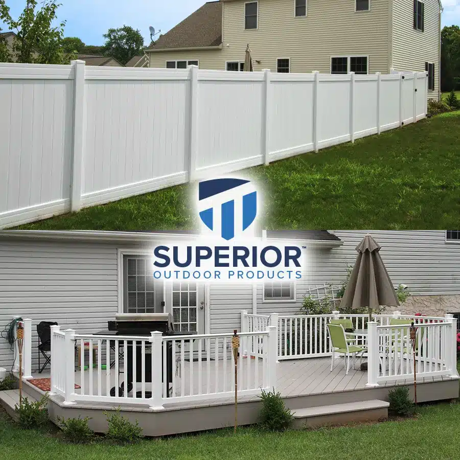 white vinyl fencing and railing in two backyards with superior outdoor products logo overlayed