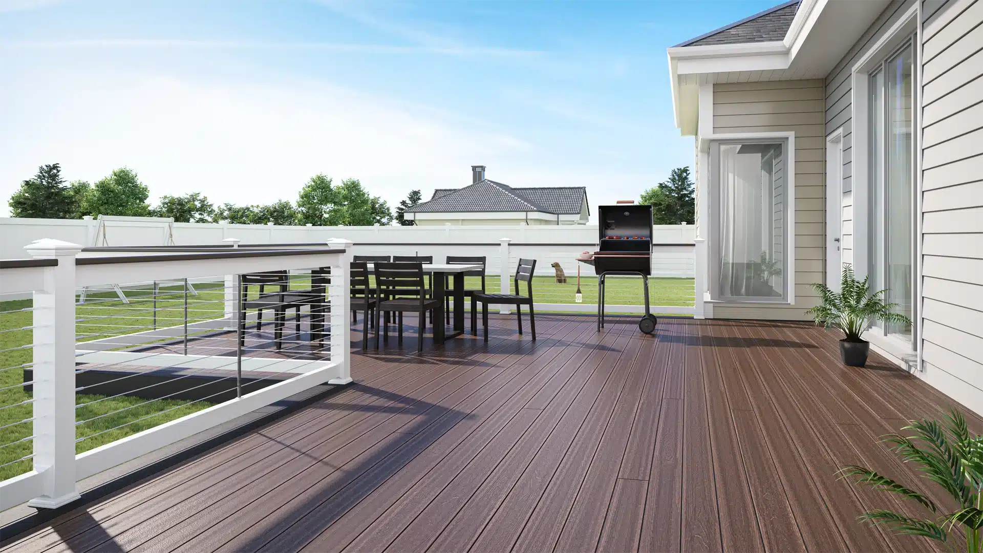 dark brown composite wood deck in backyard